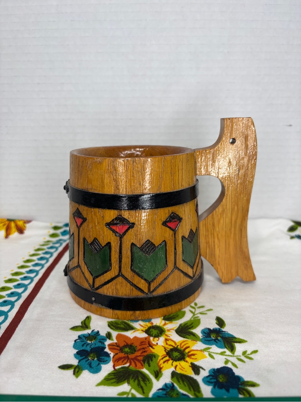 Handmade Swedish Wooden Beer Stein Carved Decorative Folk Art Mug Floral